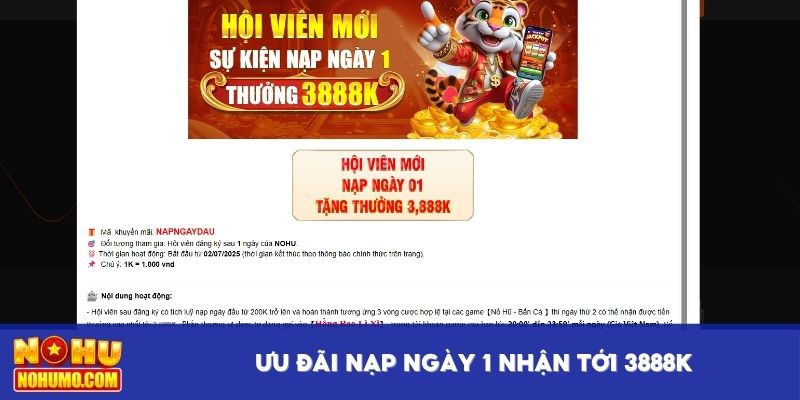 Ưu đãi nạp ngày 1 nhận tới 3888K